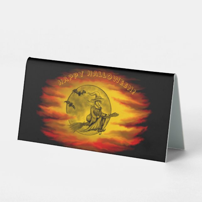 Plaque De Table Sorcière volante avec chat noir, nuit halloween (Recto)
