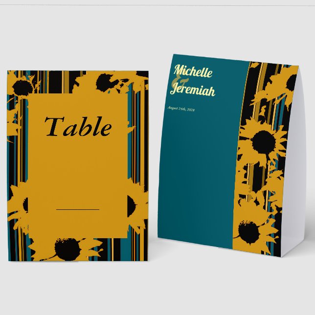 Plaque De Table Sunflower Teal Blue Gold Modern Wedding (Recto/Verso)