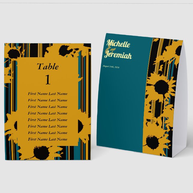 Plaque De Table Sunflower Teal Blue Gold Modern Wedding (Recto/Verso)