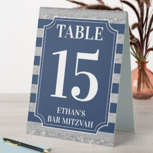 Plaque De Table Table Numéro de Bar Mitzvah Rayé Bleu et Gris