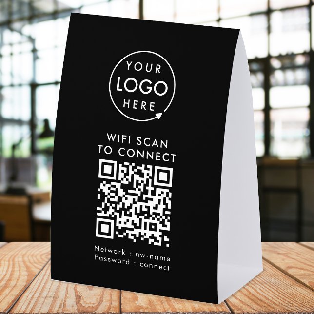 Plaque De Table Tente de table WiFi | Panneau de table QR de résea (Company branded WiFi paper table tent signs with QR code, connecting users seamlessly to your Wi-Fi.)