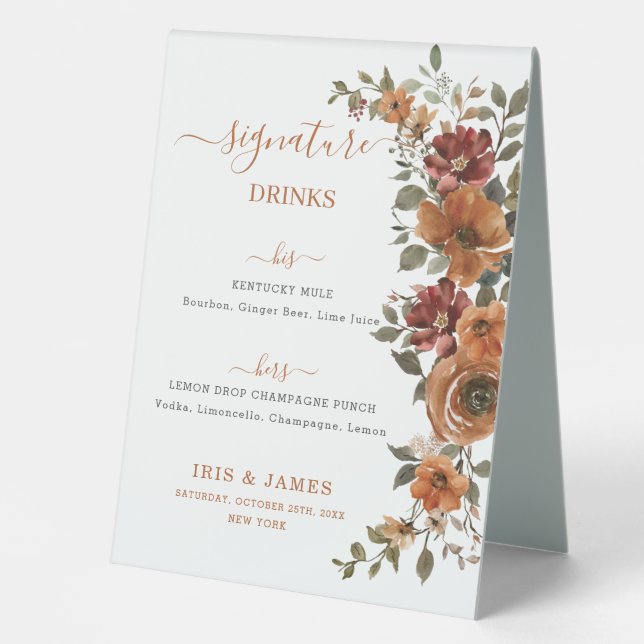 Plaque De Table Terracotta Burnt Orange Floral Mariages Menu Boiss (Recto)