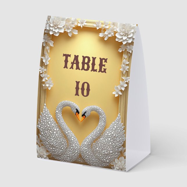Plaque De Table Thème de couple de cygnes en cristal doré chaud (Recto)