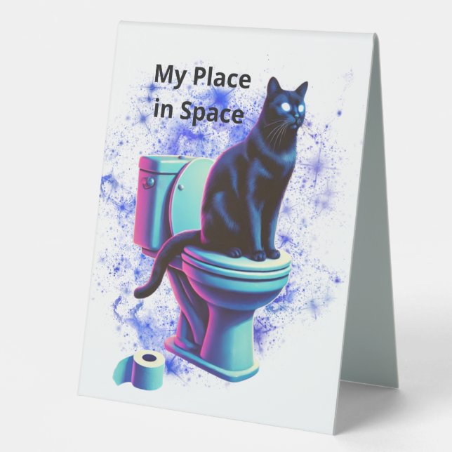 Plaque De Table Toilette de chat Noir Cosmique - Vaporwave Surreal (Recto)