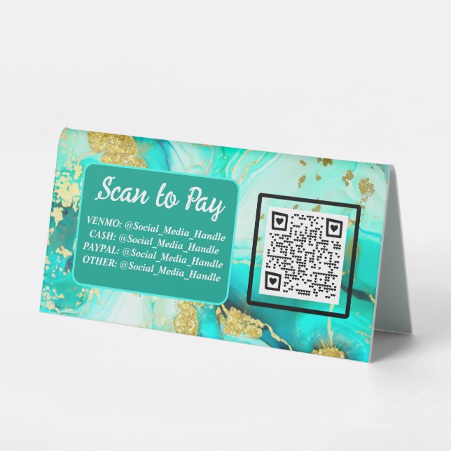 Plaque De Table Turquoise Bleu Encre d'alcool QR Paiement Marché d (Recto)