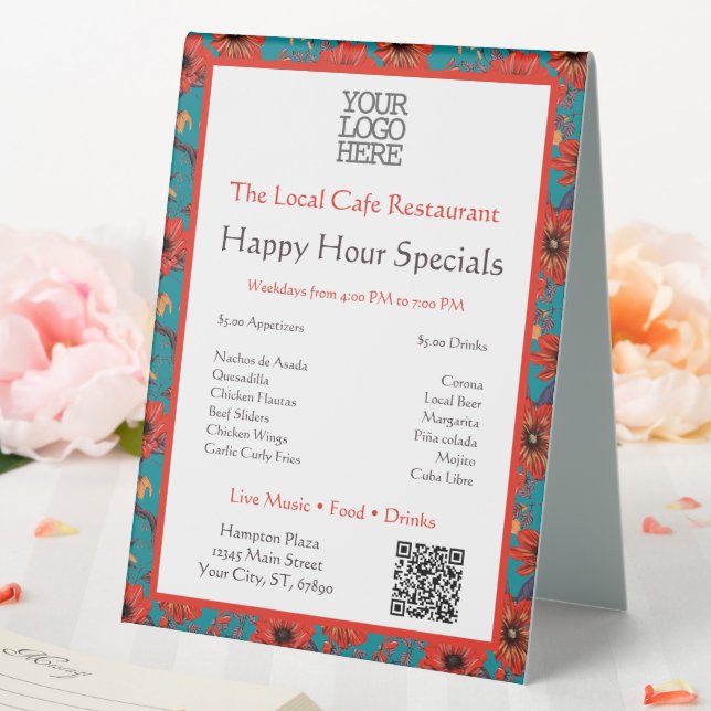 Plaque De Table Turquoise et rouge Floral Pattern Happy Hour Speci (In SItu (Mariage))