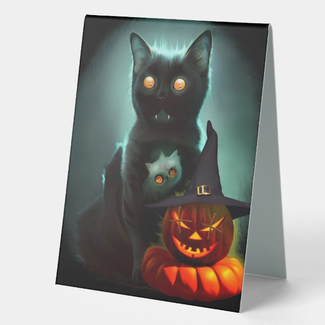 Plaque De Table Vampire Chat et Assistant Citrouille Halloween Sur (Recto)