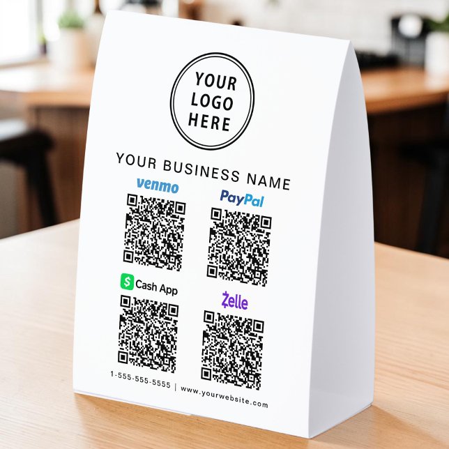 Plaque De Table Venmo Zelle PayPal CashApp Scannez pour payer Code (Venmo Zelle PayPal CashApp Scan To Pay QR Code Paper Table Tent)