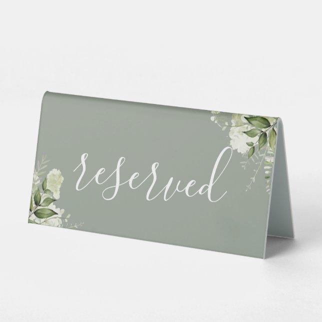 Plaque De Table Vert sage floral végétation élégant script réservé (Recto)