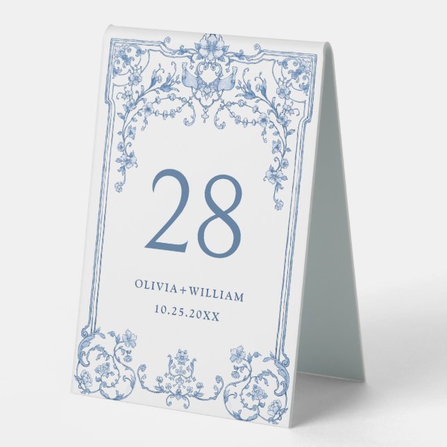 Plaque De Table Victorien Ornate Grace Floral Dusty Mariage bleu (Recto)