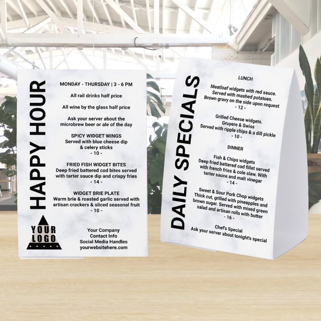 Plaque De Table Votre logo Marbre 4x6 Promotion Liste à une colonn (Gray marble warms up the modern layout for your 4 x 6 paper table tents for menus price lists & more)