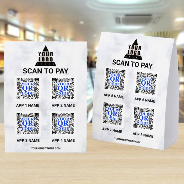 Plaque De Table Votre logo marbre 5x7 Code QR 8 applications Scan  (Add up to 8 apps QR codes to your 5 x 7 paper table tents and give more scan to pay choices)
