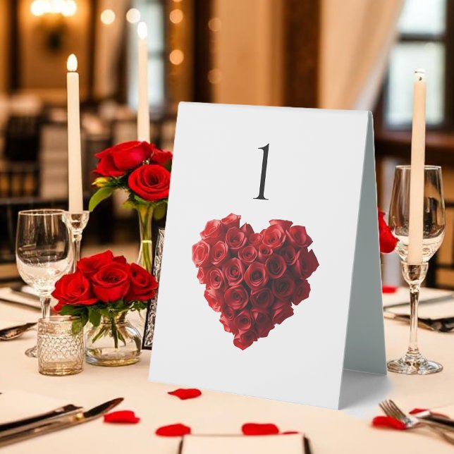 Plaque De Table Wedding Table Number-Heart Shaped Red Rose- (Wedding Table Number-Heart Shaped Red Rose- Table Tent)