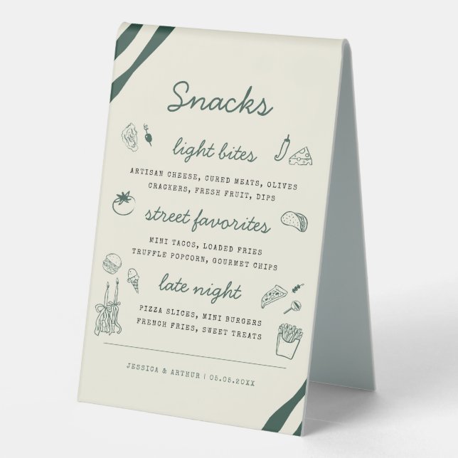 Plaque De Table Whimsical Hand Drawn Handwritten Bar & Snack Menu (Verso)