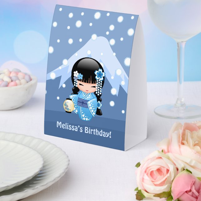 Plaque De Table Winter Kokeshi Doll Cute Geisha Girl Blue Mountain (Insitu (mariage))