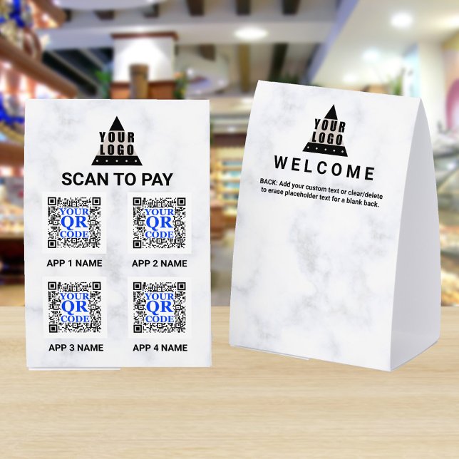 Plaque De Table Your Logo Marble 4x6 QR Code 4 Apps Scan To Pay (These marble look Scan To Pay QR code 4 x 6 paper table tents are easy to personalize)