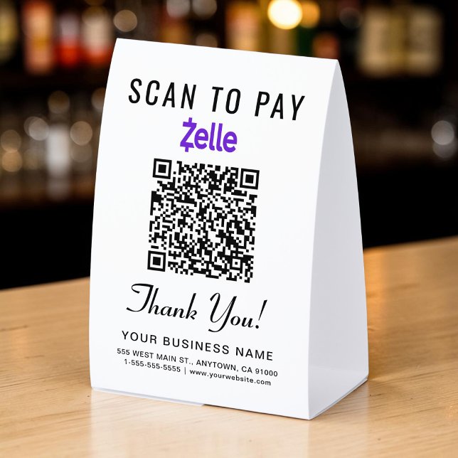 Plaque De Table Zelle Code QR Scan pour payer (Zelle QR Code Scan To Pay Paper Table Tent)