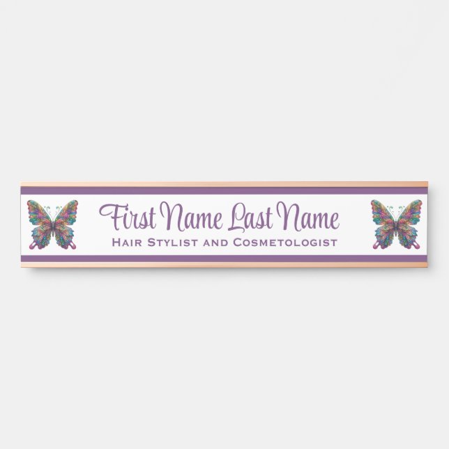 Plaque nominative Rose Gold Papillon Violet (Devant)