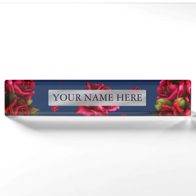 Plaque Personnalisée Fleurs Roses Bleues & Rouges (Devant)