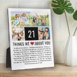 Plaque Photo 21 Choses Que Nous Aimons De Vous | 21e anniversai<br><div class="desc">Vous cherchez un cadeau d'anniversaire unique? Compilez une liste de 21 choses que vous aimez à leur sujet, ajoutez quelques photos et vous avez le cadeau parfait qu'ils vont chérir. C'est parfait pour un anniversaire marquant et si vous lancez une fête pourquoi ne pas demander aux invités d'ajouter des choses...</div>