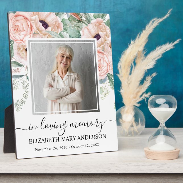 Plaque photo à la mémoire avec fleurs rose tendre (Côté)