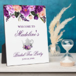 Plaque Photo Accueil du Tea Party à la Fête des mariées florale<br><div class="desc">Aquarelle violet Ultra Violet Floral Fête des mariées Tea Party Plaque de bienvenue</div>