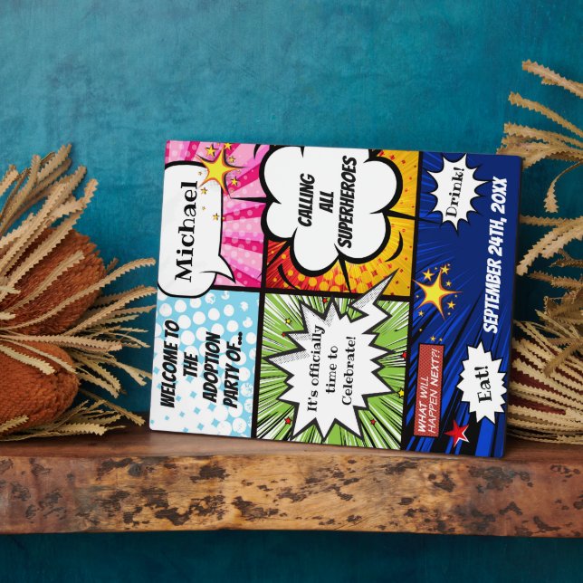 Plaque Photo Affiche de bienvenue Super Hero Adoption Party (Côté)