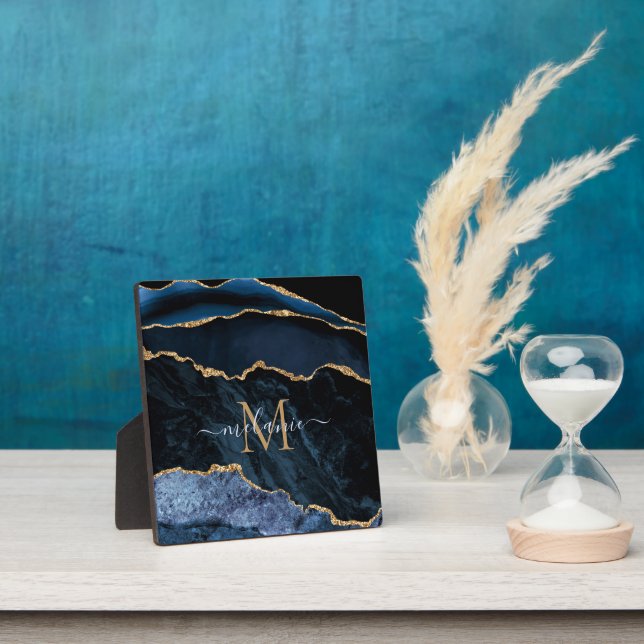Plaque Photo Agate Marine Blue Gold Gemstone Marble Nom du mono (Insitu)