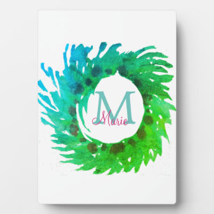 Plaque Photo Ajouter une couronne de Noël vert rose monogramme