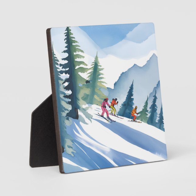 Plaque Photo Allons skier | Peinture d'aquarelle d'hiver (Recto)