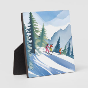 Plaque Photo Allons Skiing   Peinture Aquarelle d'Hiver