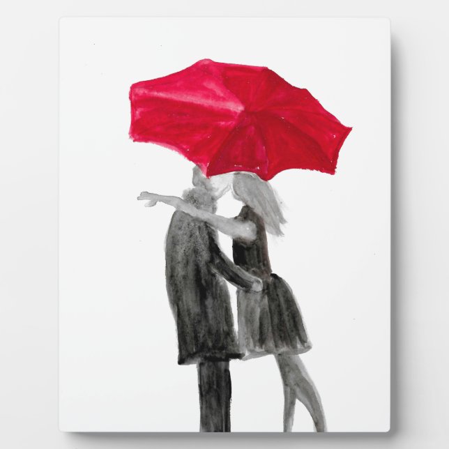 Plaque Photo Amour couple avec parapluie rouge (Devant)