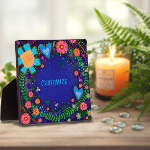 Plaque Photo Amusant joli coeur floral bleu UN MOT Personnalisé