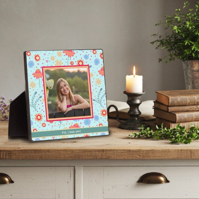 Plaque Photo Amusants Aqua Floral Cute Photo Customisé Message  (Créateur téléchargé)