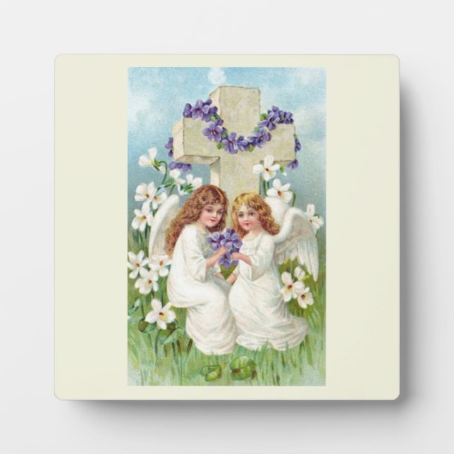 Plaque Photo Anges Mignons Avec Croix Et Fleurs  (Devant)