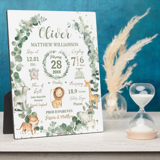 Plaque Photo Animaux de la Jungle Verdure Naissance Bébé Impres (Côté)