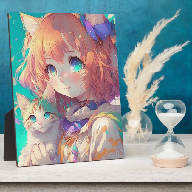 Plaque Photo Anime Girl Holding an Adorable Kitten (Côté)
