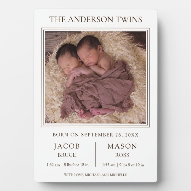 Plaque Photo Annonce de naissance photo de jumeaux modernes Swe (Devant)