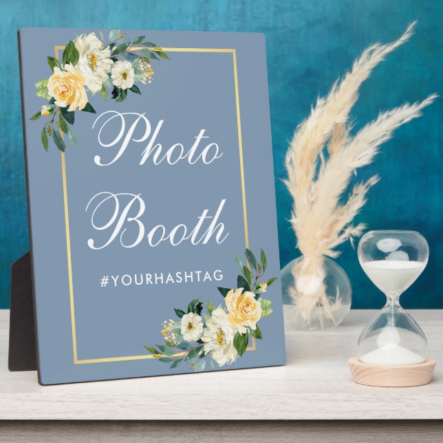 Plaque Photo Aquarelle Jaune Floral Dusty Blue Photo Booth (Côté)