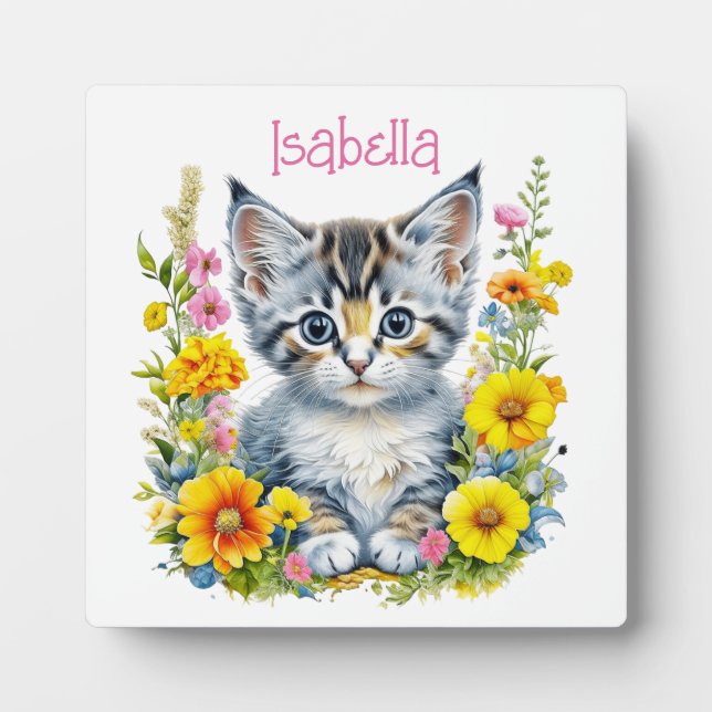 Plaque Photo Aquarelle Kitten en Fleurs Personnalisé (Devant)