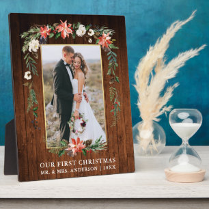 Plaque Photo Aquarelle Poinsettia Bois Notre Premier Noël