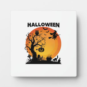 Plaque Photo Arbre effrayant Halloween Sorcière volante Lune or