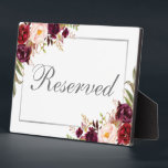 Plaque Photo Argent Floral Bourgogne Réservé 5x7 Tableau<br><div class="desc">Aquarelle Floral Bourgogne Marsala Argent Mariage Réservé 5x7 Plaque de table</div>