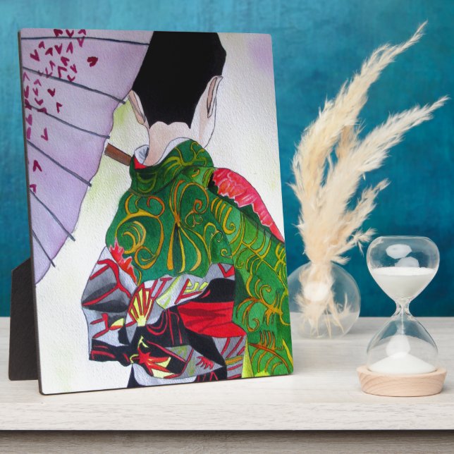 Plaque Photo Art de geisha japonais avec kimono et parapluie (Côté)