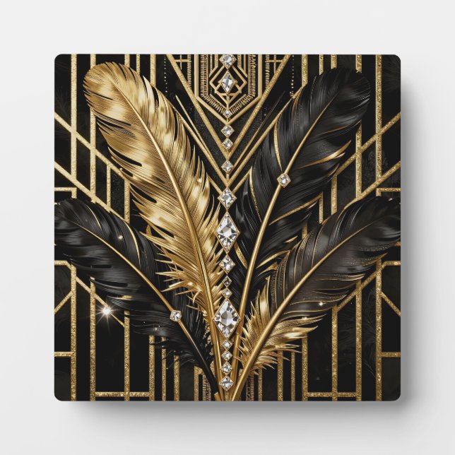 Plaque Photo Art Deco Black Gold Feathers (Devant)