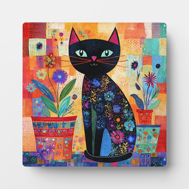Plaque Photo Art populaire de chat noir (Devant)