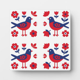 Plaque Photo Art populaire motif floral oiseau rouge bleu