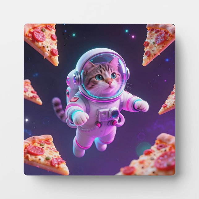 Plaque Photo Aventure spatiale de pizza avec un chat astronaute (Devant)
