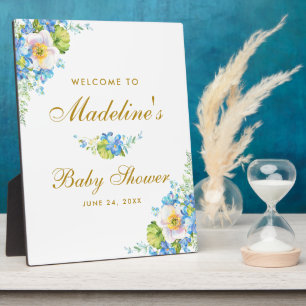 Plaque Photo Baby shower bleu Floral Or Bienvenue