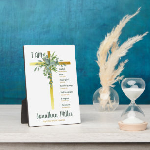 Plaque Photo Baptême Garçon Eucalyptus Feuilles sur Crucifix